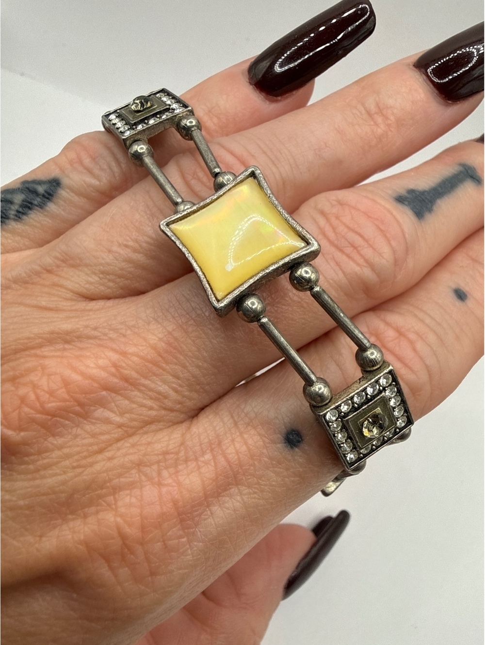 Vintage Art Deco Style Bracelet Yellow Cabochon Rhinestone Silver Tone Link